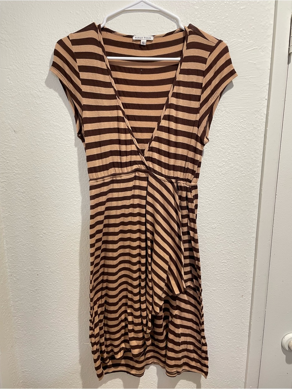 🤎 Velvet Torch Striped Asymmetric Ruffle Mini Dress S